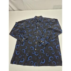 VTG Bernini Shirt Mens L Black Blue Geometric Circle Print Long Sleeve Button Up